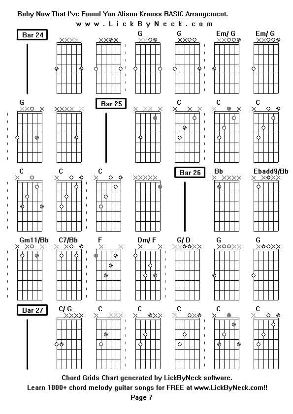 Chord Grids Chart of chord melody fingerstyle guitar song-Baby Now That I've Found You-Alison Krauss-BASIC Arrangement,generated by LickByNeck software.